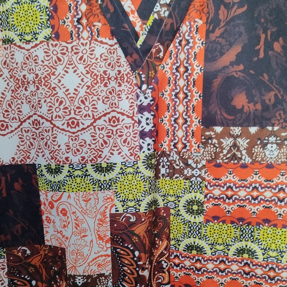 Patchwork V-Neck Top - Orange, Yellow And Brown S… - image 4